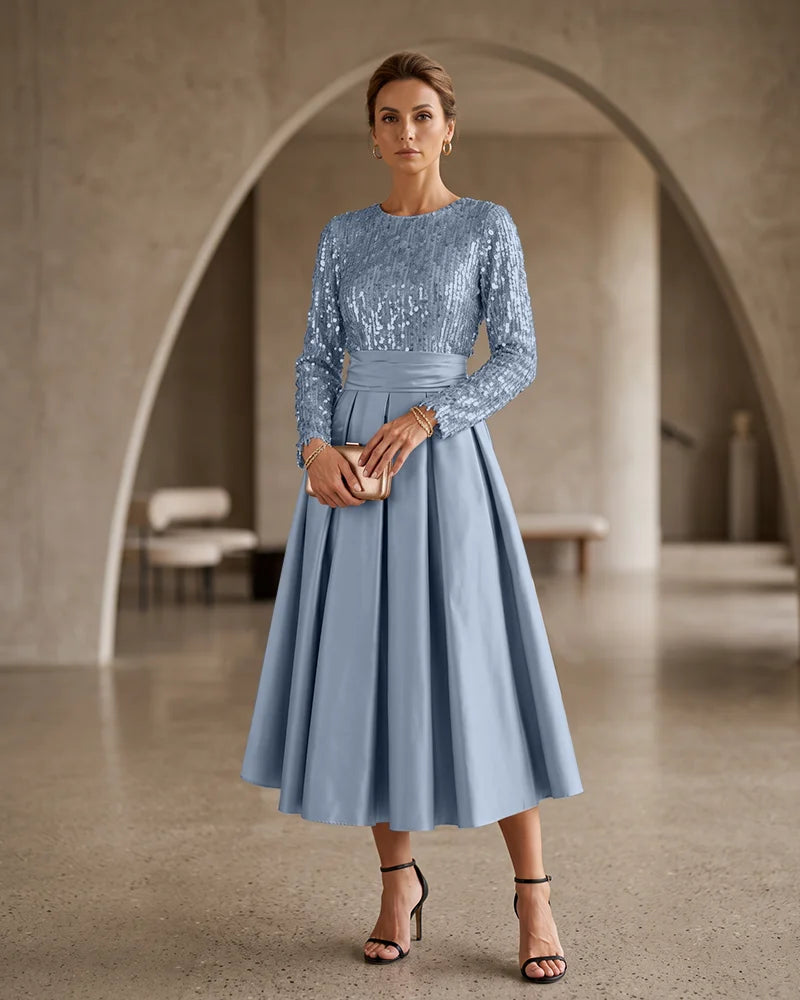 Sequin Bodice Midi Satin Mother of the Bride Dress Pleated