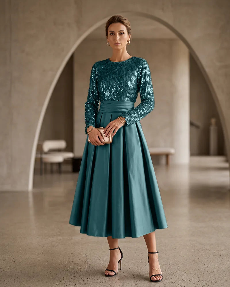 Sequin Bodice Midi Satin Mother of the Bride Dress Pleated
