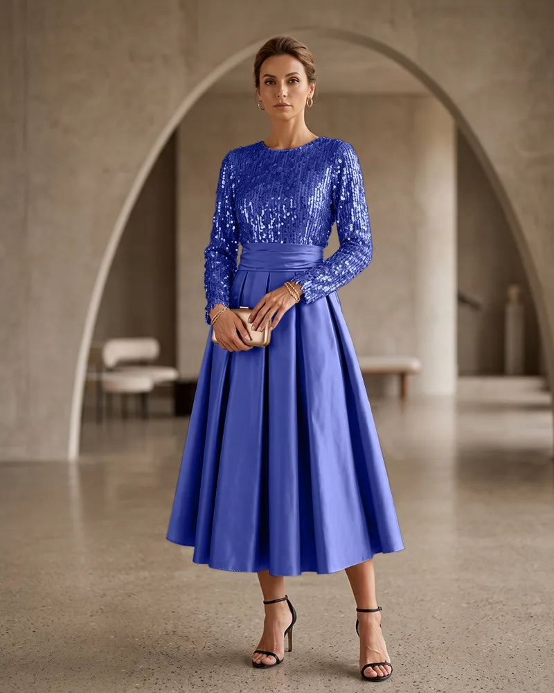Sequin Bodice Midi Satin Mother of the Bride Dress Pleated
