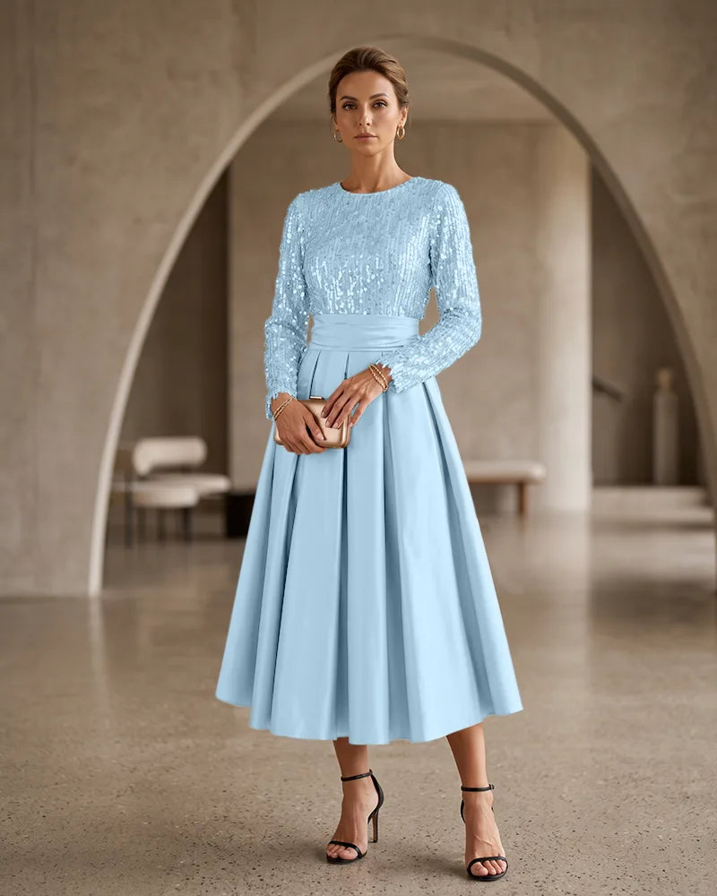 Sequin Bodice Midi Satin Mother of the Bride Dress Pleated