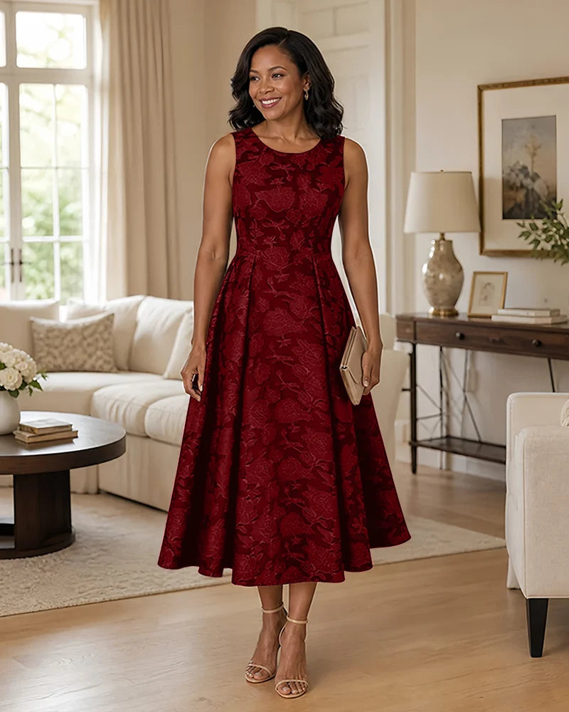 Floral-Jacquard-Mother-of-the-Bride-Midi-Dress-Burgundy-1