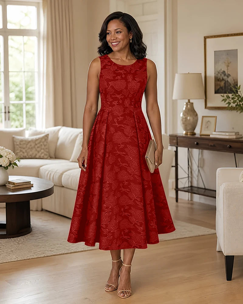 Floral-Jacquard-Mother-of-the-Bride-Midi-Dress-Red-1