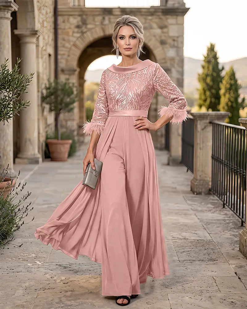 Cowl Collar Lace Feather Cuff Jumpsuit Mother of the Bride Dress