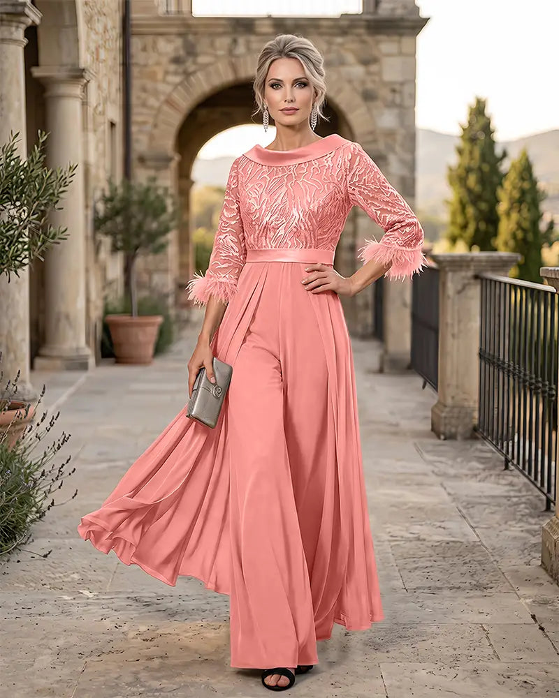 Cowl Collar Lace Feather Cuff Jumpsuit Mother of the Bride Dress