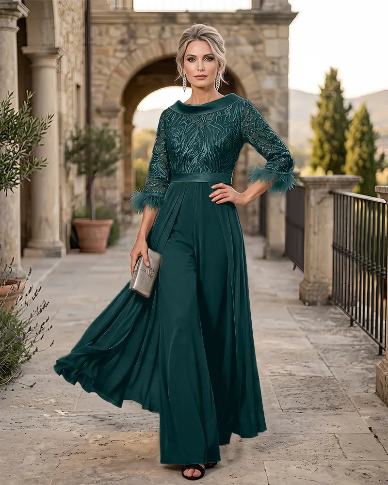 Cowl Collar Lace Feather Cuff Jumpsuit Mother of the Bride Dress