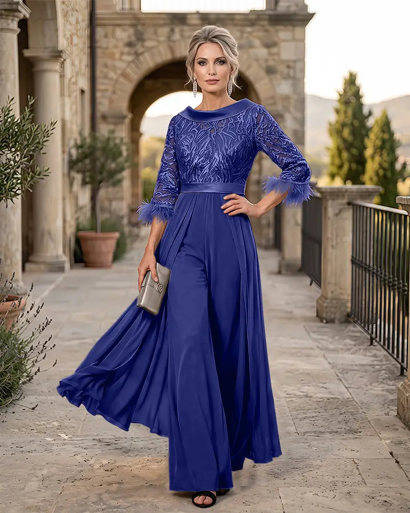 Cowl Collar Lace Feather Cuff Jumpsuit Mother of the Bride Dress