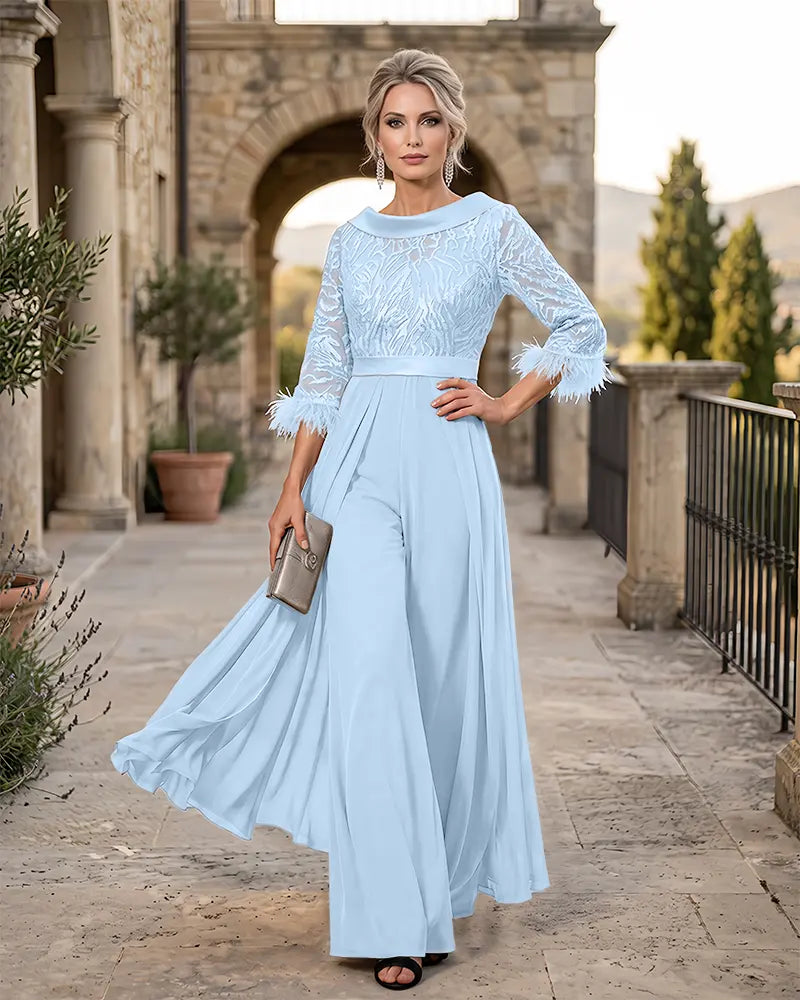 Cowl Collar Lace Feather Cuff Jumpsuit Mother of the Bride Dress