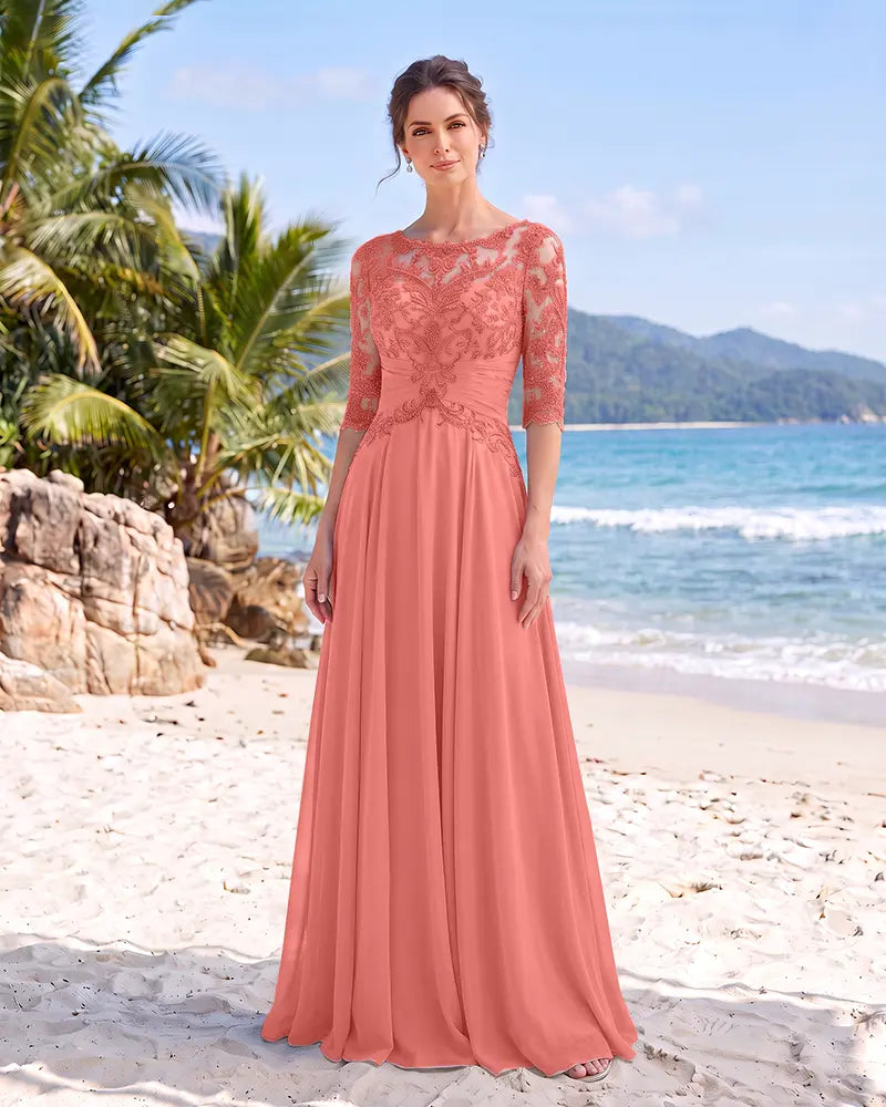Illusion Lace 3/4 Sleeves Chiffon Mother of the Bride Dress