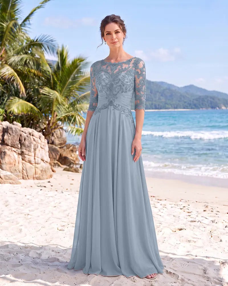 Illusion Lace 3/4 Sleeves Chiffon Mother of the Bride Dress