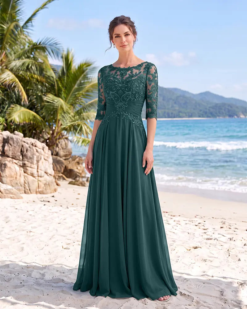 Illusion Lace 3/4 Sleeves Chiffon Mother of the Bride Dress