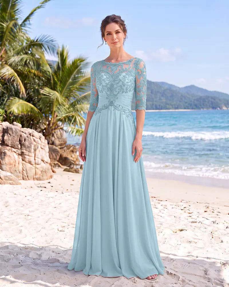 Illusion Lace 3/4 Sleeves Chiffon Mother of the Bride Dress