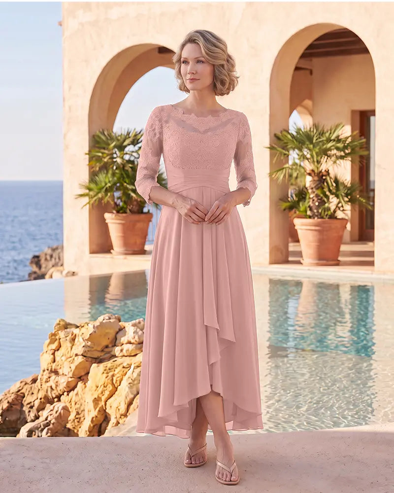 Lace 3/4 Sleeves High Low Chiffon Mother of the Bride Dress