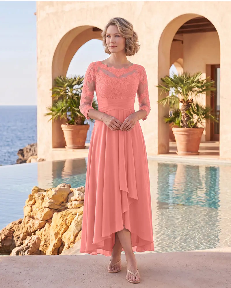 Lace 3/4 Sleeves High Low Chiffon Mother of the Bride Dress