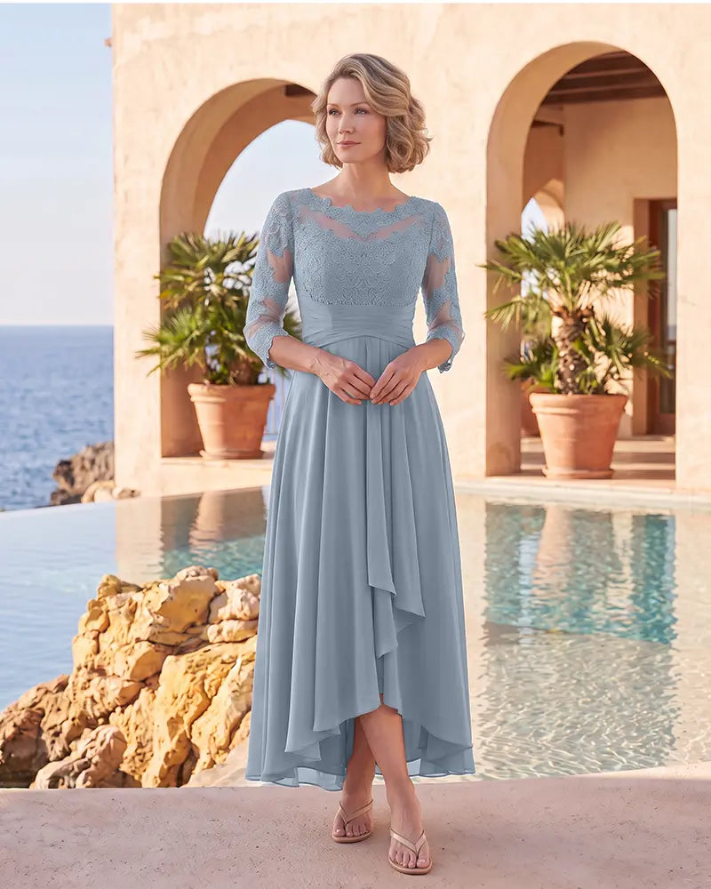 Lace 3/4 Sleeves High Low Chiffon Mother of the Bride Dress