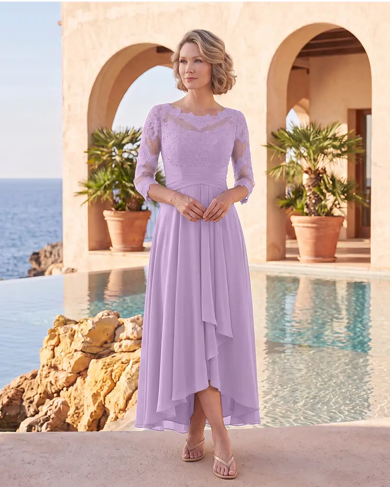Lace 3/4 Sleeves High Low Chiffon Mother of the Bride Dress