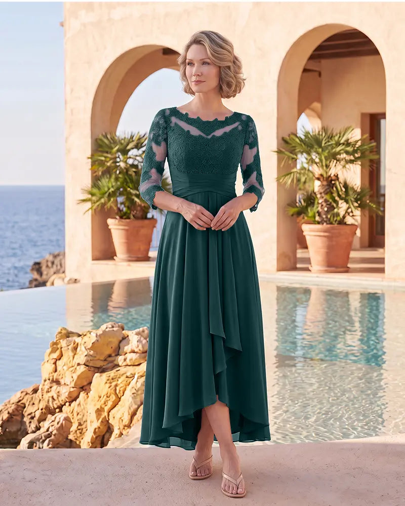 Lace 3/4 Sleeves High Low Chiffon Mother of the Bride Dress