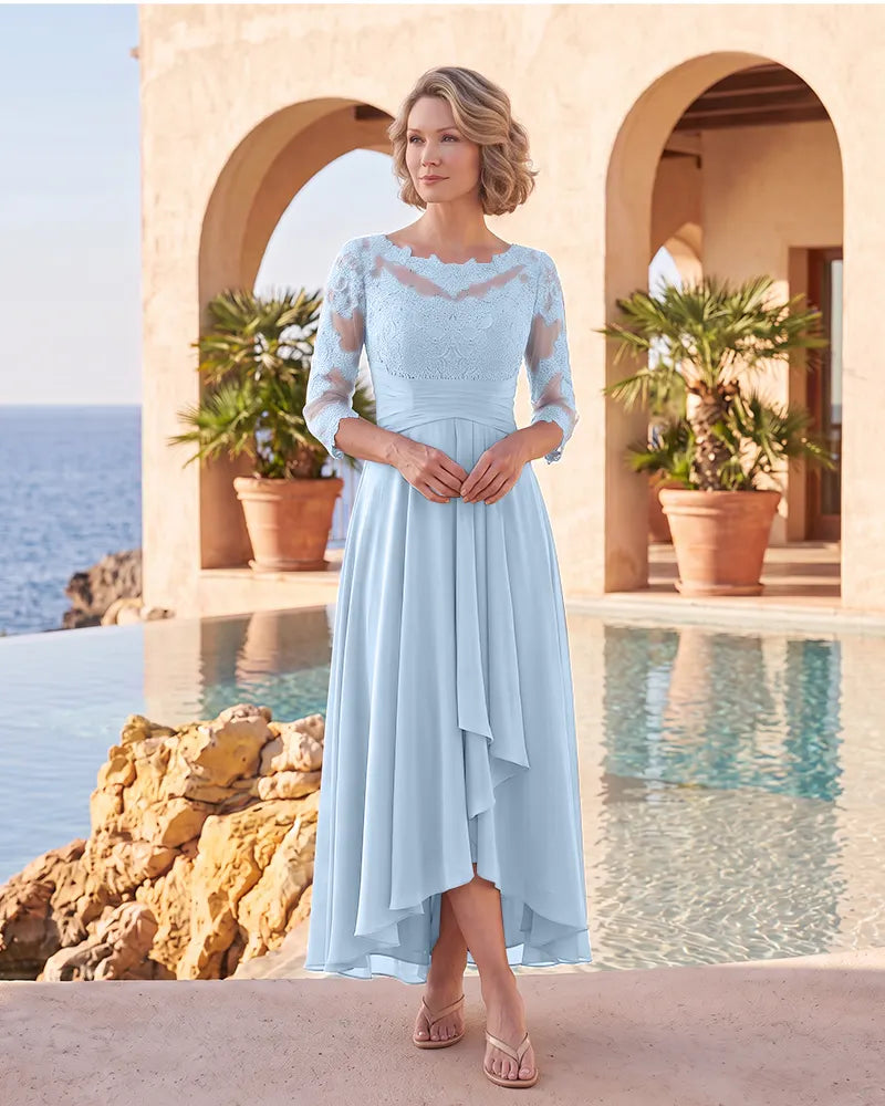 Lace 3/4 Sleeves High Low Chiffon Mother of the Bride Dress