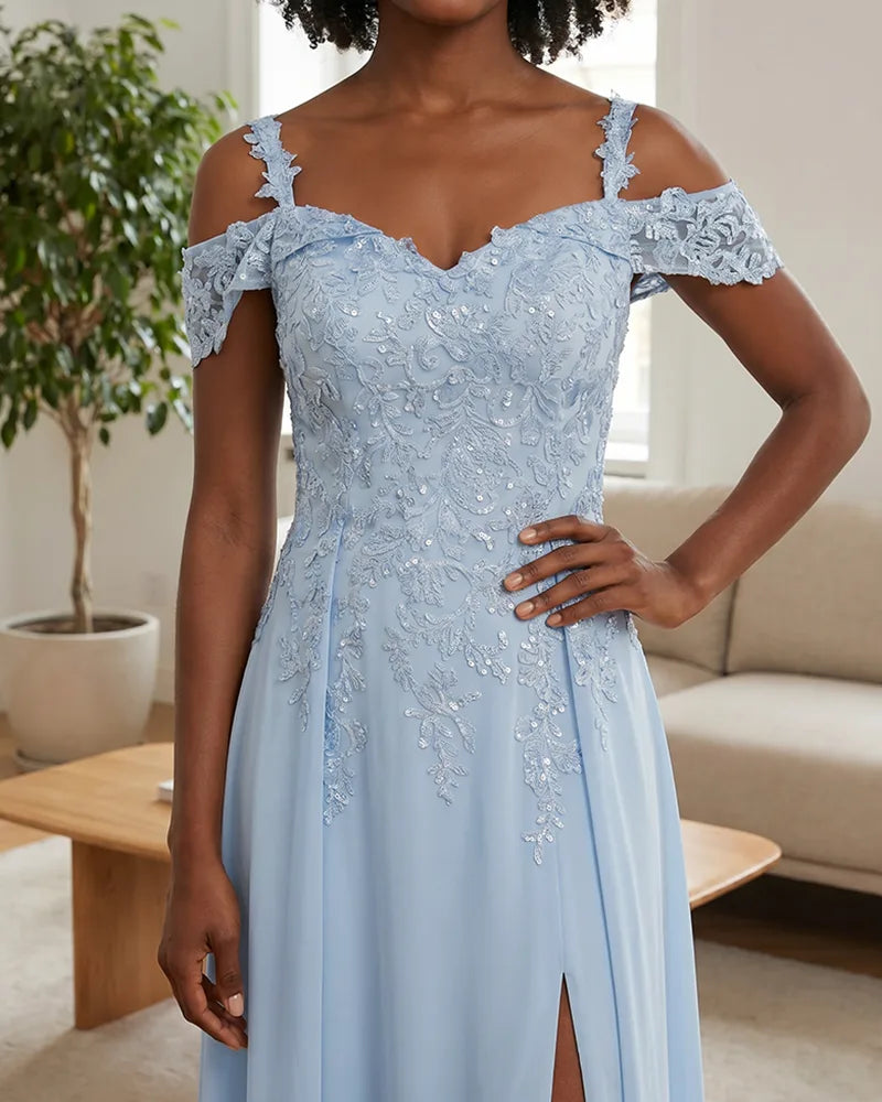 Sequin Lace Off-the-Shoulder Mother of the Bride Dress