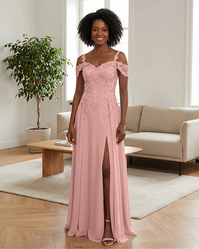 Sequin Lace Off-the-Shoulder Mother of the Bride Dress