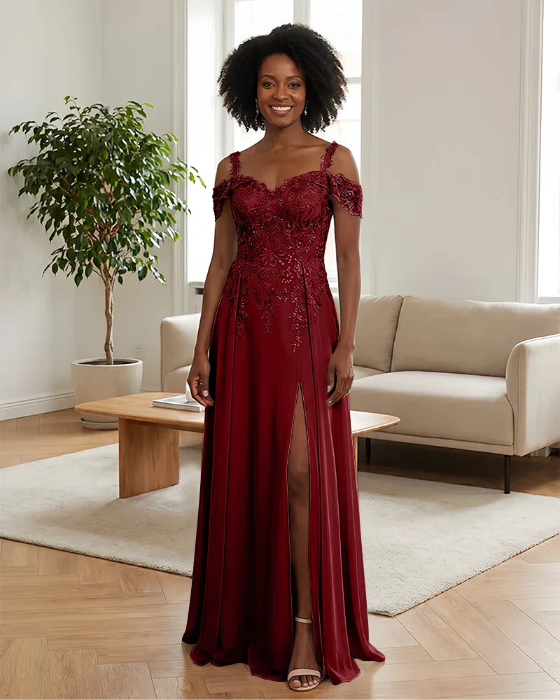 Sequin Lace Off-the-Shoulder Mother of the Bride Dress