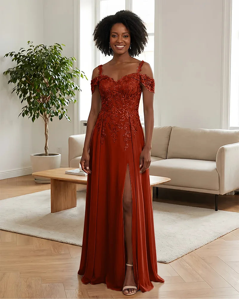 Sequin Lace Off-the-Shoulder Mother of the Bride Dress