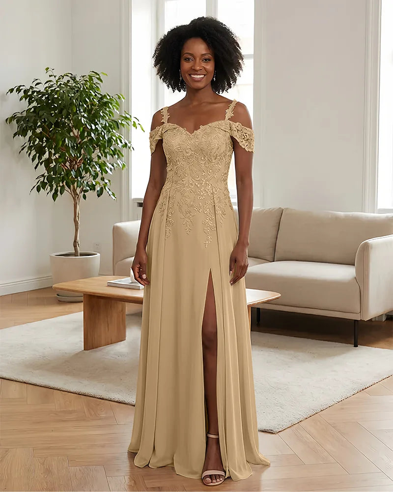Sequin Lace Off-the-Shoulder Mother of the Bride Dress