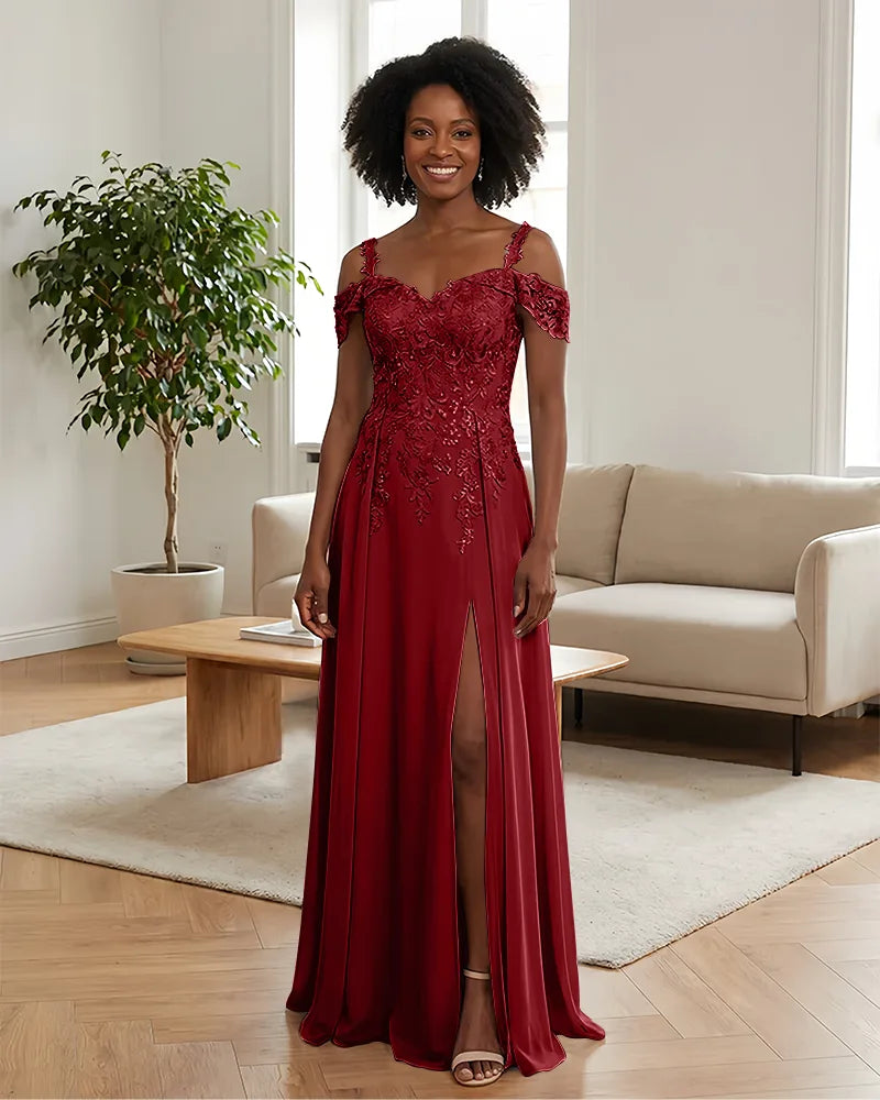 Sequin Lace Off-the-Shoulder Mother of the Bride Dress