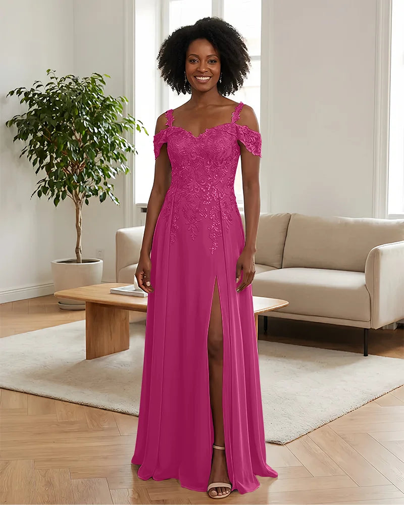 Sequin Lace Off-the-Shoulder Mother of the Bride Dress