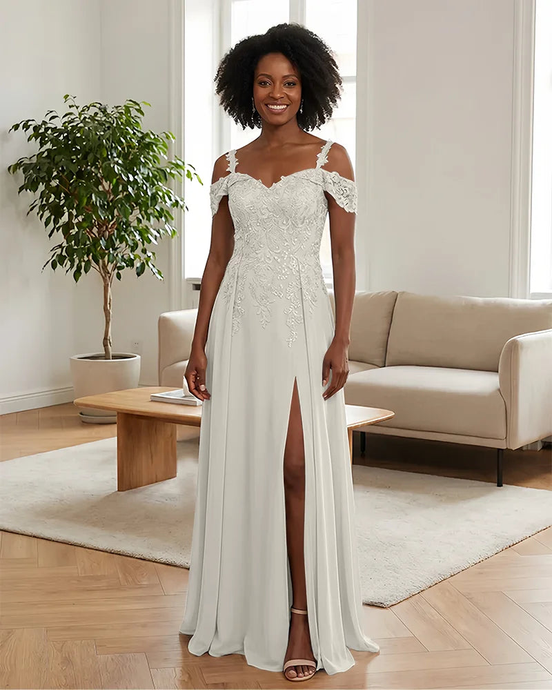 Sequin Lace Off-the-Shoulder Mother of the Bride Dress