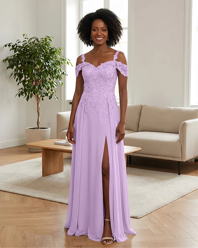 Sequin Lace Off-the-Shoulder Mother of the Bride Dress
