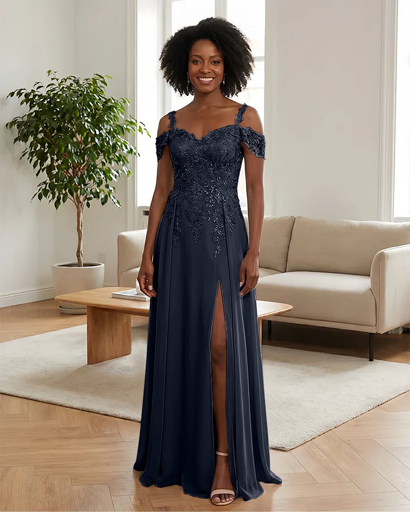 Sequin Lace Off-the-Shoulder Mother of the Bride Dress