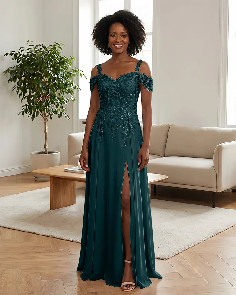 Sequin Lace Off-the-Shoulder Mother of the Bride Dress