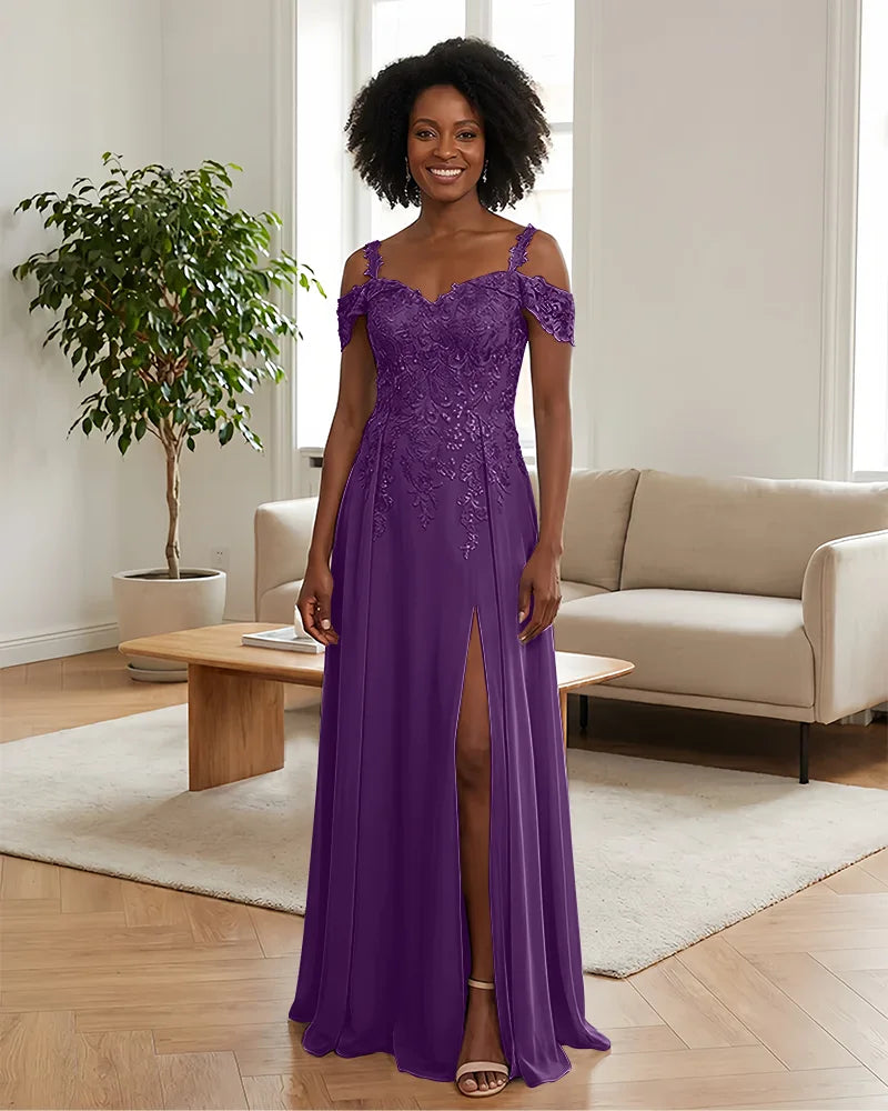 Sequin Lace Off-the-Shoulder Mother of the Bride Dress