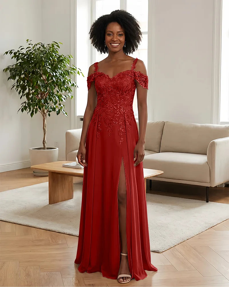 Sequin Lace Off-the-Shoulder Mother of the Bride Dress