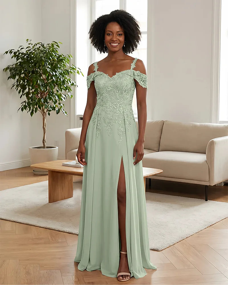 Sequin Lace Off-the-Shoulder Mother of the Bride Dress