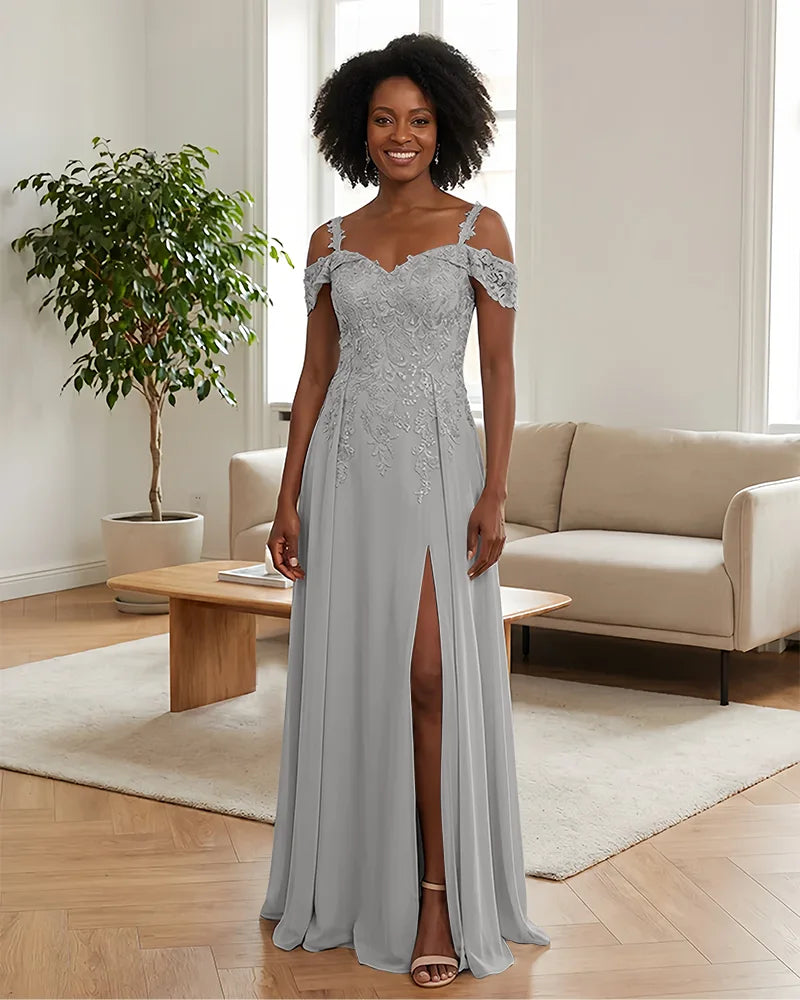 Sequin Lace Off-the-Shoulder Mother of the Bride Dress