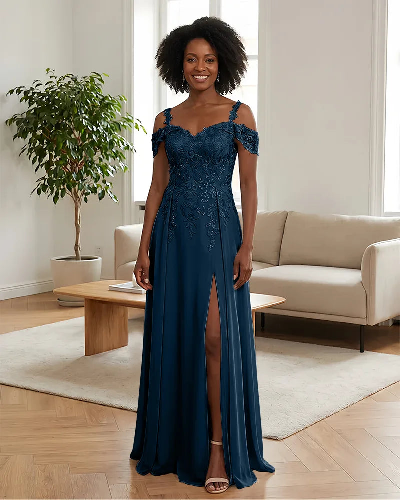 Sequin Lace Off-the-Shoulder Mother of the Bride Dress