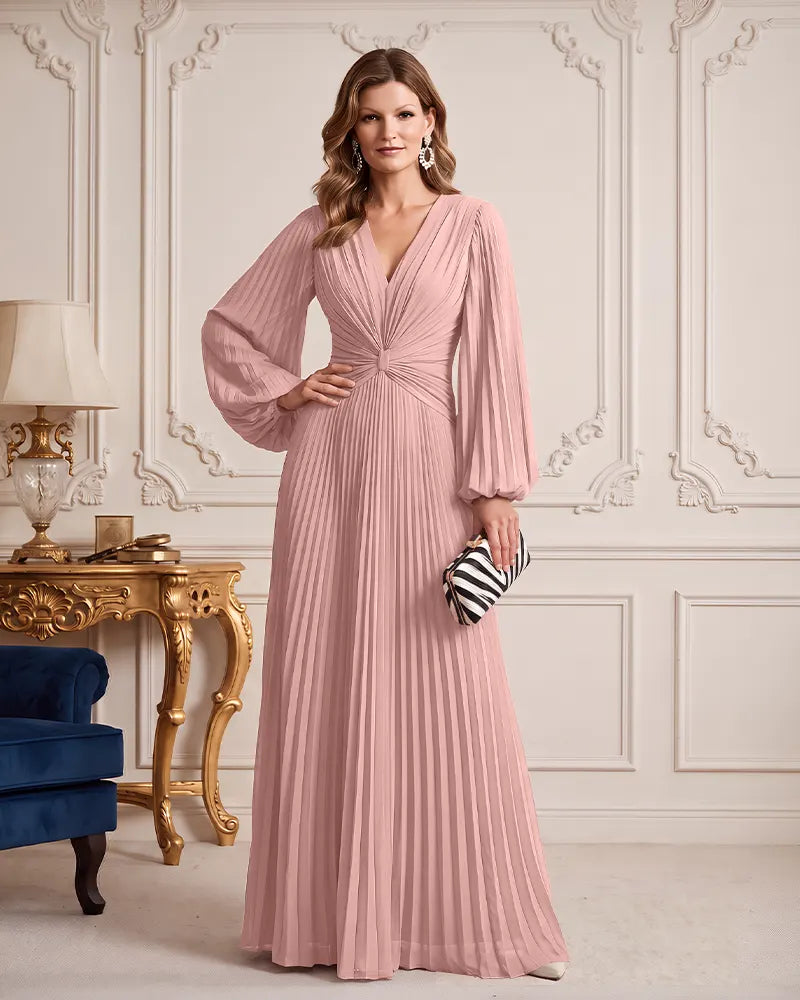 V Neck Puff Long Sleeve Chiffon Mother of the Bride Dress