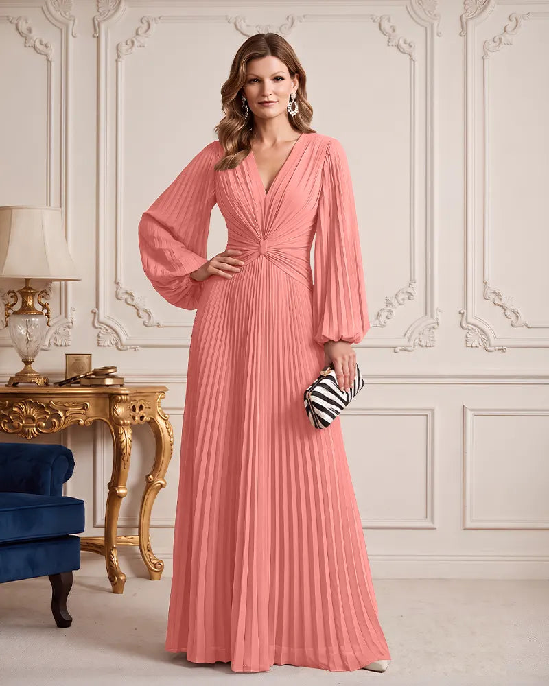 V Neck Puff Long Sleeve Chiffon Mother of the Bride Dress
