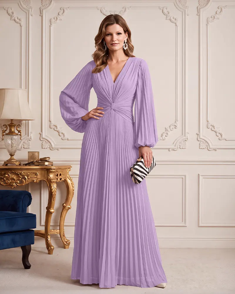 V Neck Puff Long Sleeve Chiffon Mother of the Bride Dress