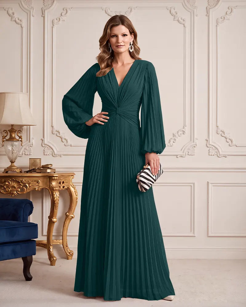 V Neck Puff Long Sleeve Chiffon Mother of the Bride Dress