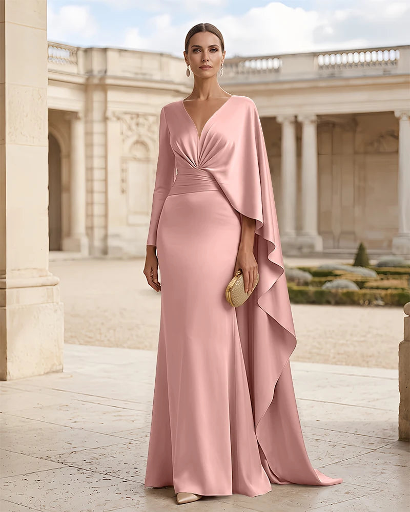 Satin V-Neck Mermaid Mother of the Bride Dress with Cape Drape