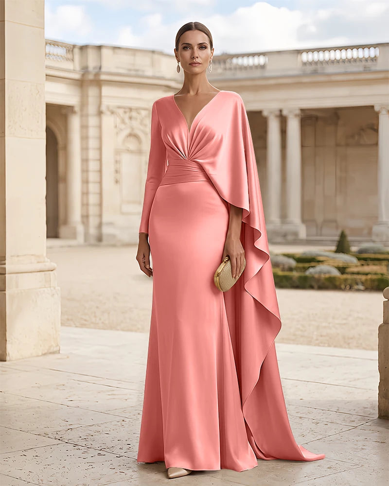 Satin V-Neck Mermaid Mother of the Bride Dress with Cape Drape