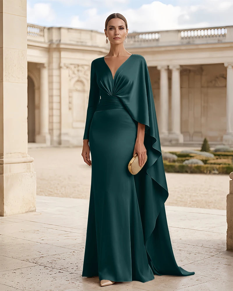 Satin V-Neck Mermaid Mother of the Bride Dress with Cape Drape