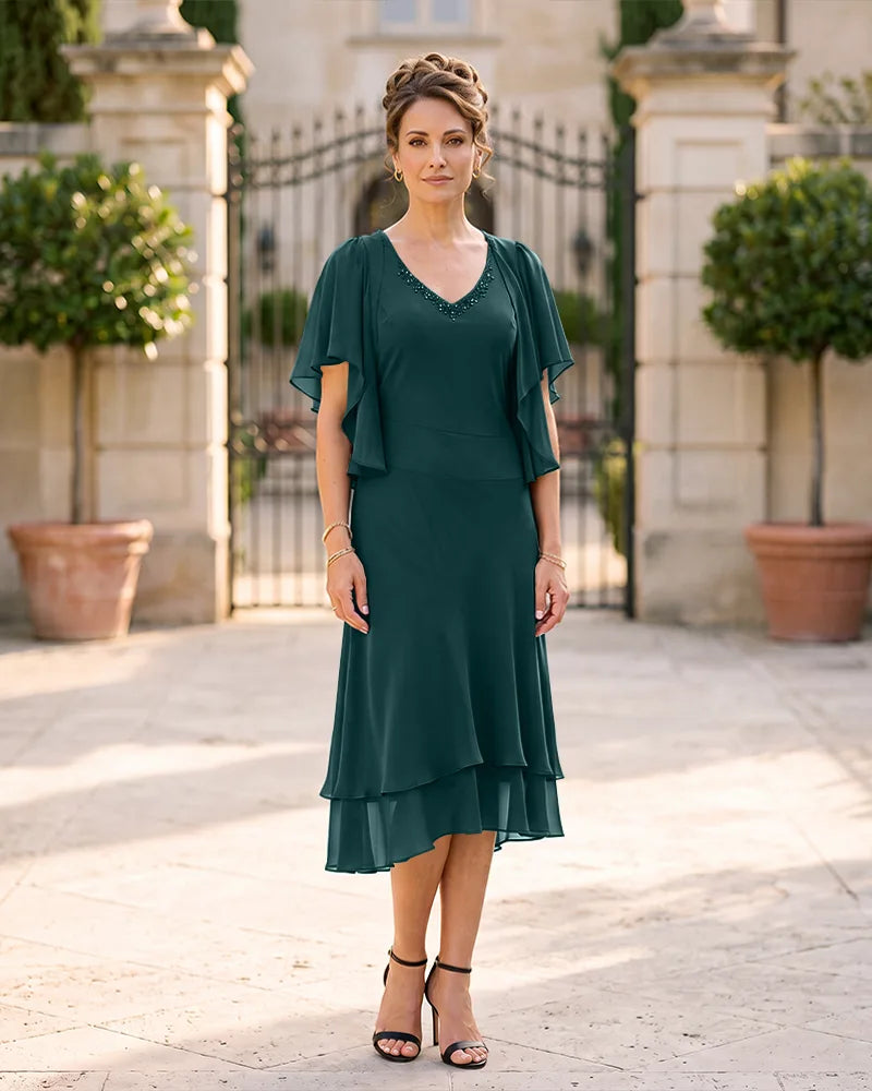 Chiffon V-Neck Midi Mother of the Bride Dress with Beaded