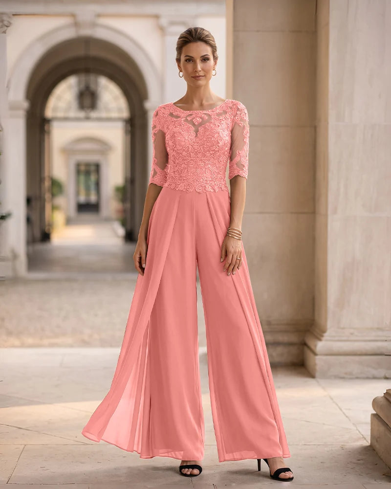 Lace Chiffon Half Sleeves Jumpsuit Mother of the Bride Dress