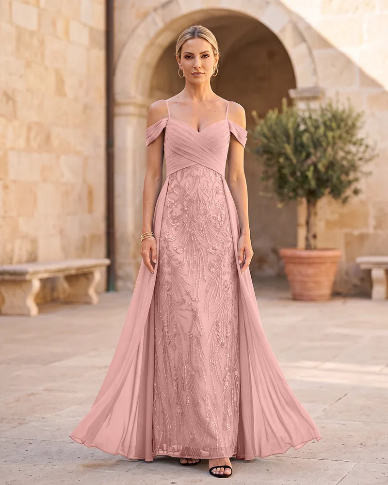 Off The Shoulder Chiffon Mother of the Bride Dress with Sequin