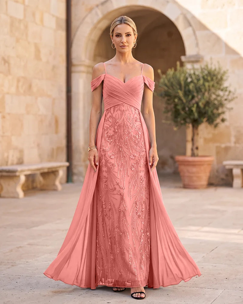Off The Shoulder Chiffon Mother of the Bride Dress with Sequin