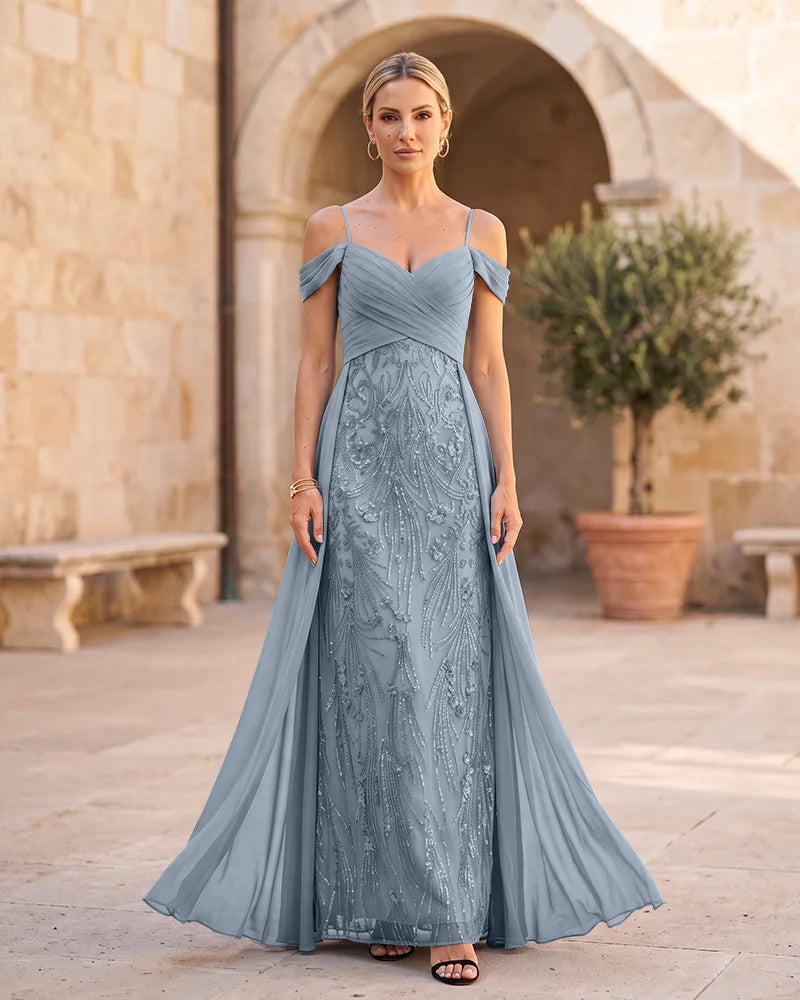 Off The Shoulder Chiffon Mother of the Bride Dress with Sequin