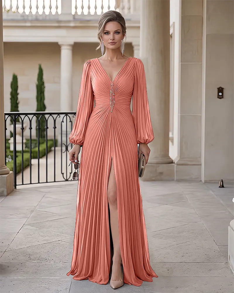 Front Beaded Ruched Floor Length Mother of the Bride Dress